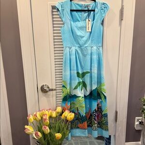 CELINA MOON Light Blue Tropical Print Maxi Dress